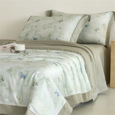 新款水洗真丝数码印花拼角夏被四件套清爽舒适夏凉被裸肤感空调被