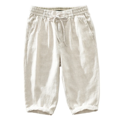 1626男士亚麻休闲裤抽绳松紧腰长裤宽松透气麻料七分裤子一件代发