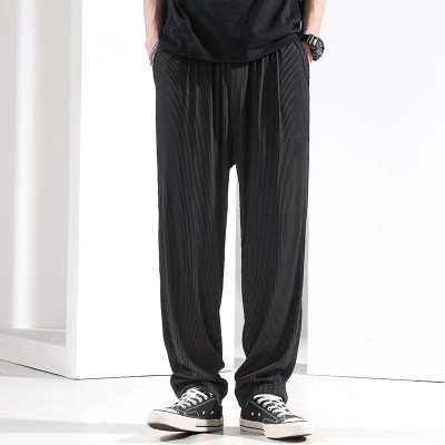 夏季薄款冰丝裤男款宽松大码垂感空调运动休闲裤子潮流阔腿裤代发