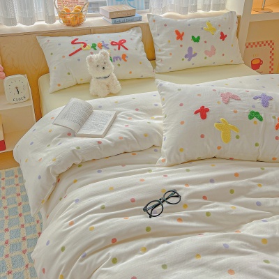 奶油风A类全棉双层纱四件套纯棉被套毛巾绣100床单床笠少女心床品