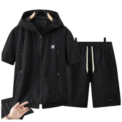 2025新款速干大码运动套装男士夏季胖子宽松连帽短袖t恤短裤男装