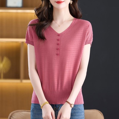 鸿3570夏季新款大码短袖外穿冰丝针织衫夏装上衣洋气宽松薄款T恤