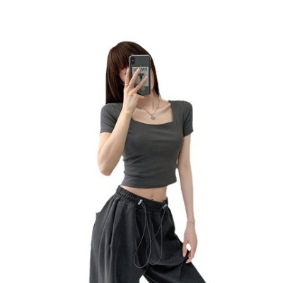 辣妹修身方领打底衫夏季短款纯欲露脐高腰T恤纯色显瘦短袖上衣女