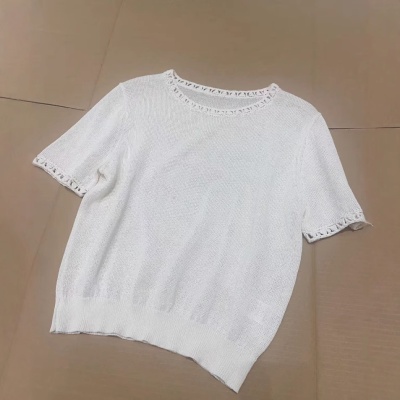 厂家现货手工钩花纸纱短袖2025新款时尚休闲T恤女装纯色百搭上衣