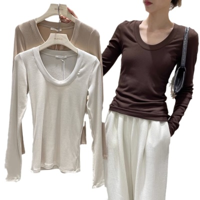 黑色打底衫女长袖2023早秋新款大圆领休闲t恤高级感螺纹上衣内搭