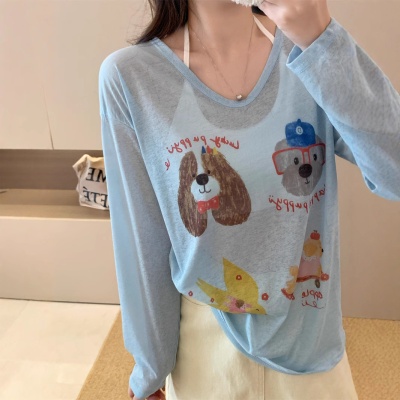 罩衫女夏薄款松弛感小狗印花T恤女防晒罩衫2025夏季薄款打底上衣