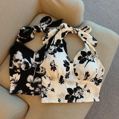 花朵挂脖吊带背心女夏季新款小众性感v领显瘦外穿露背系带ins上衣