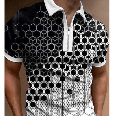外贸秋季新款男装POLO衫男士休闲短袖翻领T恤3D印花短袖拉链POLO
