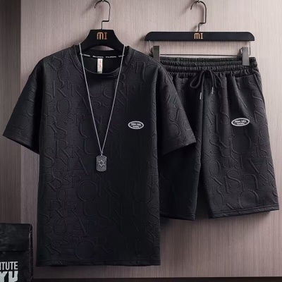 源头厂家夏季套装男潮流百搭宽松休闲短袖t恤衫华夫格上衣短裤男