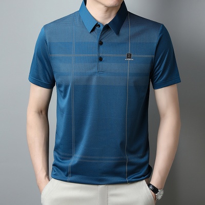 2023新款夏季男士冰丝POLO衫中年商务休闲时尚潮流男装条纹t恤男
