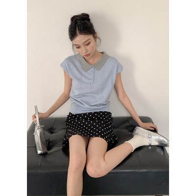 衣尔衫 miu风 氛围感撞polo领针织衫女麻花显瘦百搭短袖气质0341