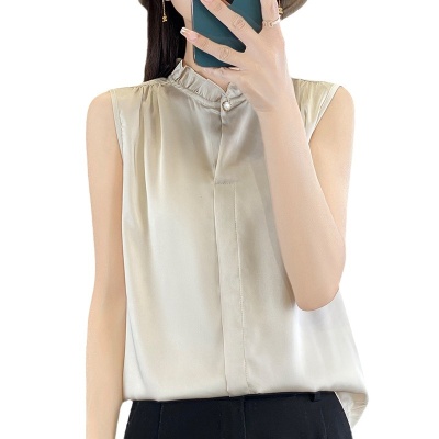 法式白色荷叶领内搭无袖雪纺t恤上衣叠穿洋气背心花边衬衣打底衫