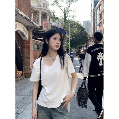 慵懒纯棉正肩白色v领短袖t恤女夏季内搭打底衫宽松显瘦体恤上衣
