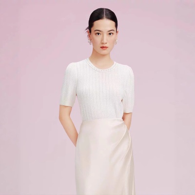 拉珂D高端女装商场同款法式针织T恤高级感夏季新款圆领钉珠针织衫