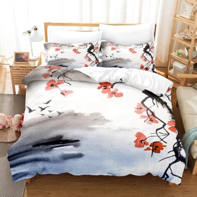 跨境3d数码印花三件套亚马逊春天花卉系列梅花被套床上用品四件套