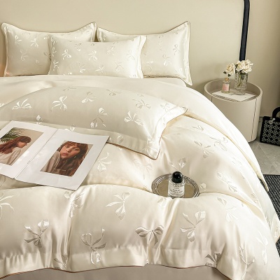 夏季提花水洗天丝四件套蝴蝶结冰丝裸睡丝滑被套高级感床品三件套