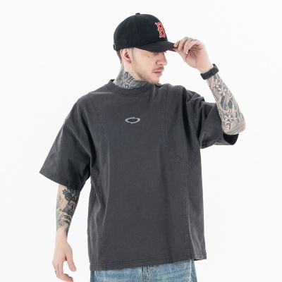 澜海男装2025春夏新品潮牌美式小logo刺绣洗水纯色百搭短袖T恤男