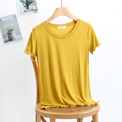 2025款百搭上衣圆领飞边木耳边短袖显瘦内搭通勤夏女T恤打底衫