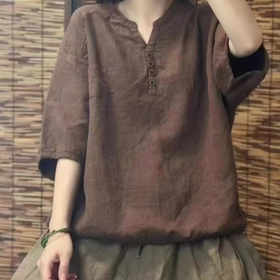 跨境外贸夏季新款女士上衣T恤纯色休闲舒适宽松新中式V领五分袖女