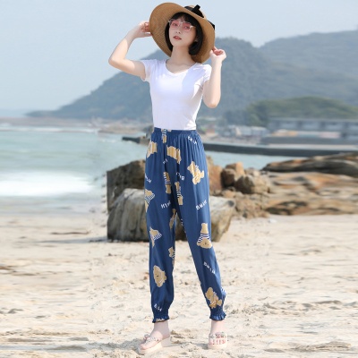 冰丝运动裤女宽松束脚防蚊裤九分夏季薄休闲沙滩显瘦阔腿灯笼裤潮