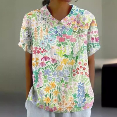 跨境外贸2024夏季女装新款亚马逊宽松印花圆领休闲大码套头女装T