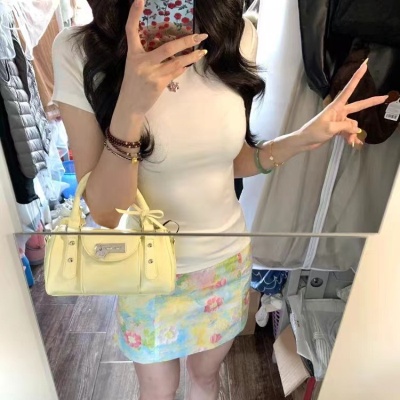 【裙子+上衣】韩系白色正肩短袖显瘦T恤小碎花半身裙女高腰A字裙