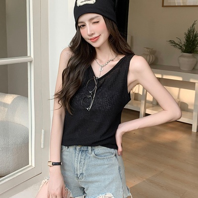 女华夫格微透宽肩带休闲背心夏季慵懒风外穿亚麻宽松v领内搭吊带