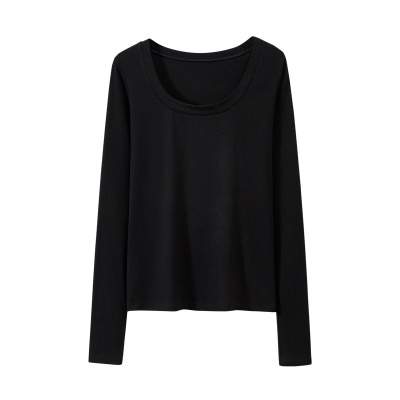 黑色打底衫女长袖2023早秋新款大圆领休闲t恤高级感螺纹上衣内搭