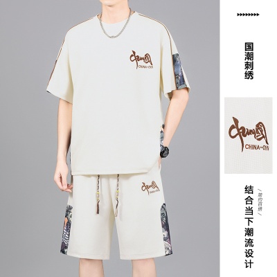 M-8XL新款加肥加大码运动休闲男刺绣套装夏季潮胖子宽松短袖套装