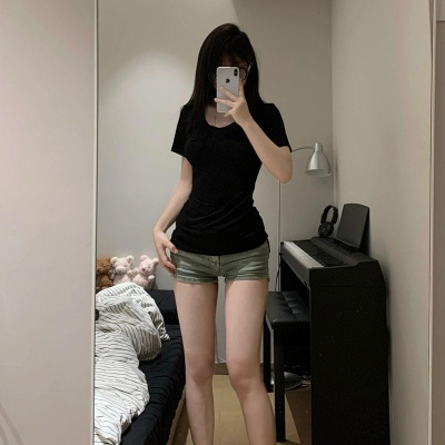 漫画腰辣妹T恤女短袖V领黑色纯棉正肩内搭打底衫长袖夏季紧身上衣