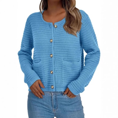 亚马逊跨境欧美女装秋冬新款爆款圆领长袖外套毛衣针织开衫上衣女