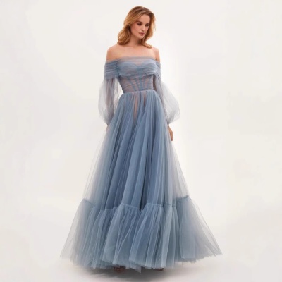 2025年新款跨境外贸长款女装wish一字肩网纱长袖婚纱礼服薄纱长裙