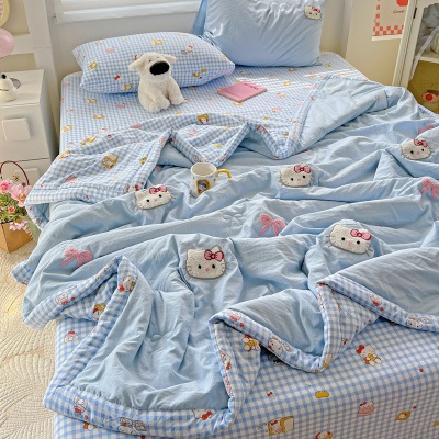 【店铺热销】夏季ins卡通KT猫毛巾绣夏凉被四件套a类空调被裸睡轻