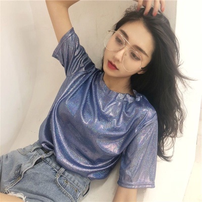 变色反光亮闪闪女装短袖T恤广场舞t恤宽松大码中长款闪光丝表演服