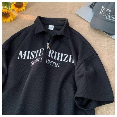 华夫格美式复古翻领t恤短袖男Polo衫重磅潮牌ins潮流体恤半袖夏装