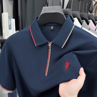 男士夏季新款半拉链时尚拼色刺绣男polo短袖中青年高端韩版休闲T