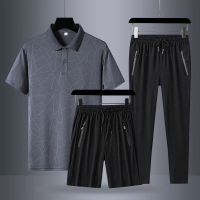 爸爸夏装套装冰丝短袖t恤中老年运动套装男士父亲节夏季速干T衣服