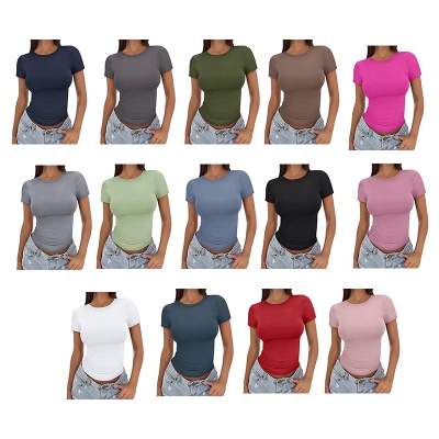 新款女装短袖正肩短款修身上衣t恤企业文化装商务办公室工装批发