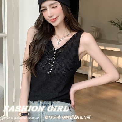 女华夫格微透宽肩带休闲背心夏季慵懒风外穿亚麻宽松v领内搭吊带