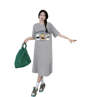 短袖t恤连衣裙子夏季大码休闲宽松胖mm遮肚显瘦开叉过膝长款裙女