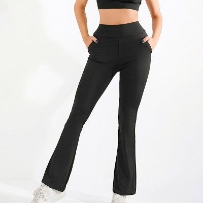 欧美跨境亚马逊弹力休闲裤女高腰提臀微喇叭瑜伽长裤塑身显瘦现货