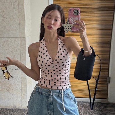 2025夏季女装新款辣妹性感黑色波点印花百搭露背V领挂脖紧身背心