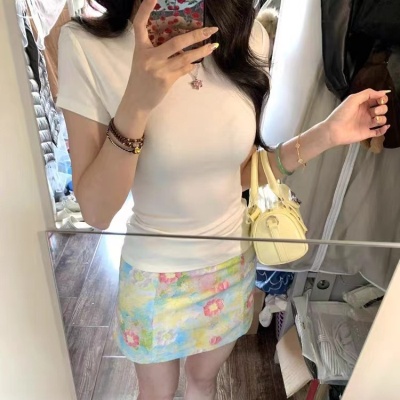 【裙子+上衣】韩系白色正肩短袖显瘦T恤小碎花半身裙女高腰A字裙