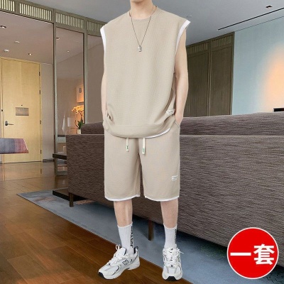 夏季男士宽松短袖华夫格休闲背心短袖假两件两件套运动短裤套装潮