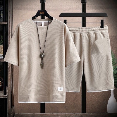 华夫格T恤男士短袖冰丝夏季搭配一套装帅气休闲运动衣服裤薄款