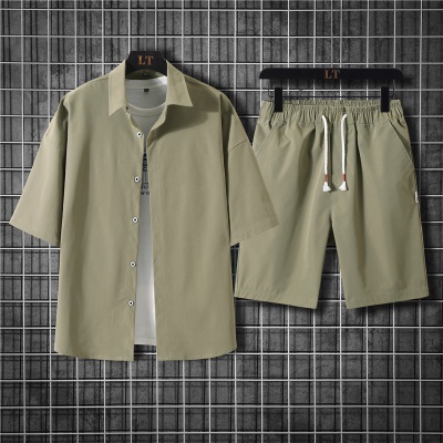 2023新款男士夏季时尚修身港风休闲短袖短裤套装运动两件套套装