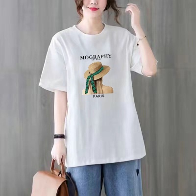 高档舒适女士t恤中长款短袖T恤100%纯棉夏季通勤百搭大码洋气上衣