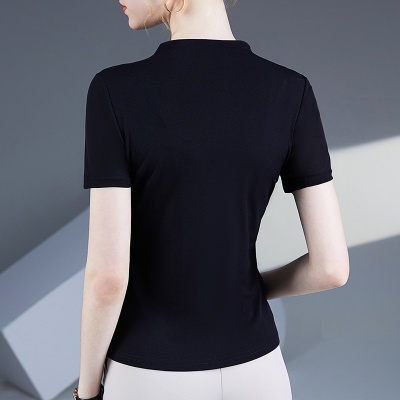 时尚网纱烫钻短袖T恤女夏季新款洋气纱衣小衫纯色百搭女士上衣