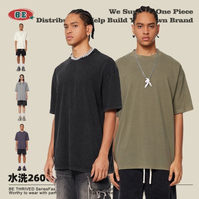 BE男装2025春夏260G纯棉水洗t恤复古潮牌青少年宽松t恤欧美跨境男