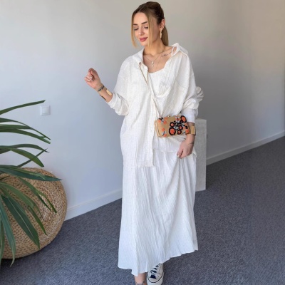 2025欧美跨境女装时尚休闲气质皱感宽松长袖衬衫加长款吊带两件套